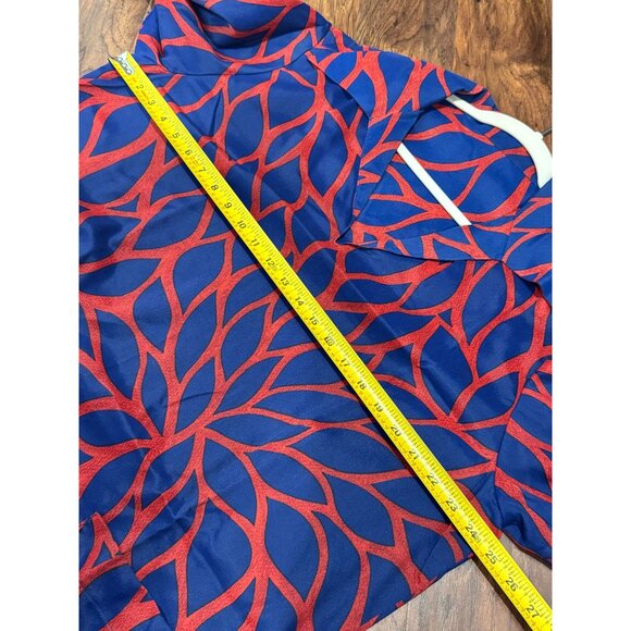 VTG 70s Red & Blue Abstract MCM Print Long Sleeve Blouse Pocket & Lapel Collar - Picture 4 of 10